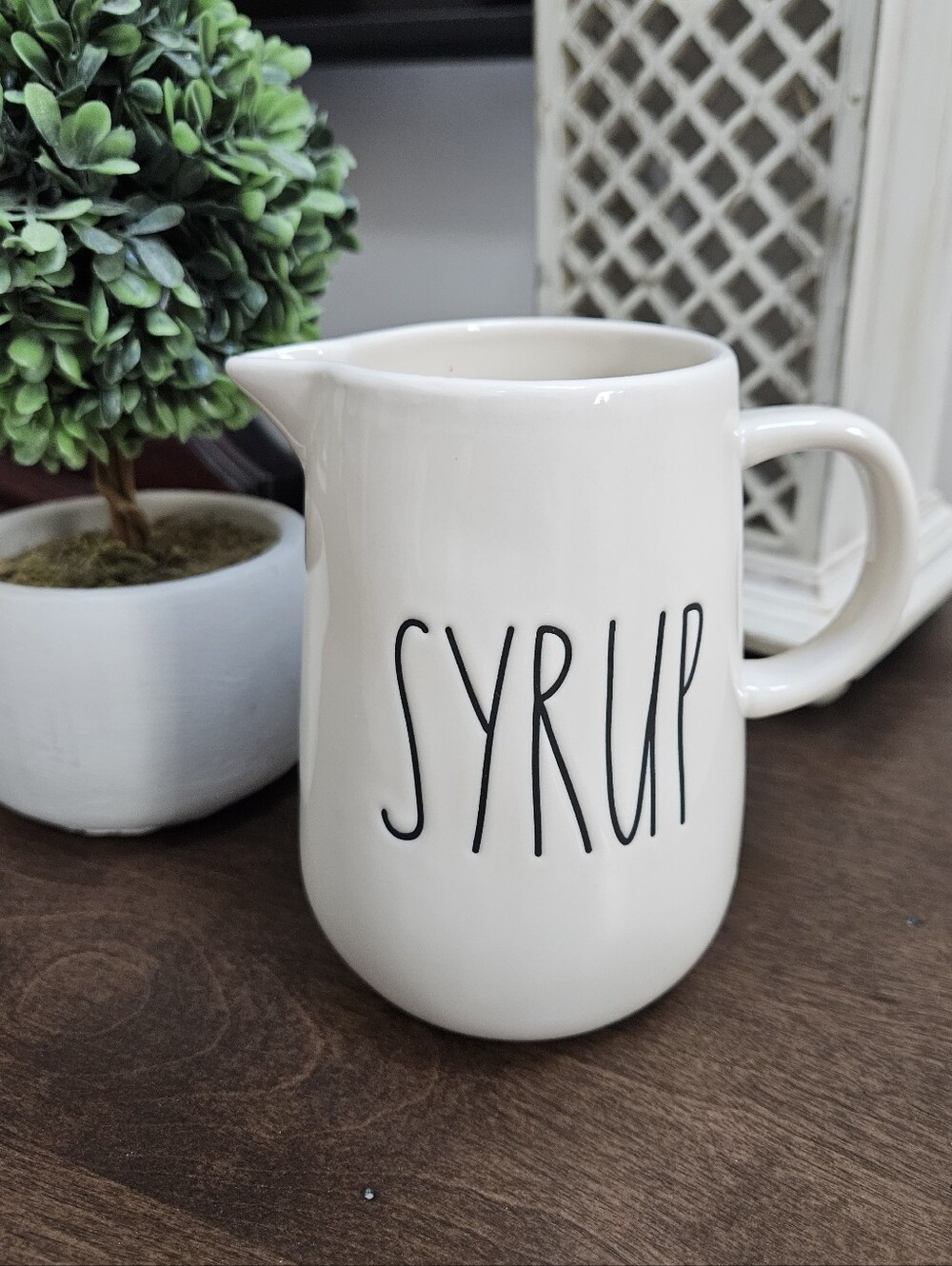 Rae Dunn Syrup Pitcher Classic Creamy White, Black Lettering Ceramic 5"